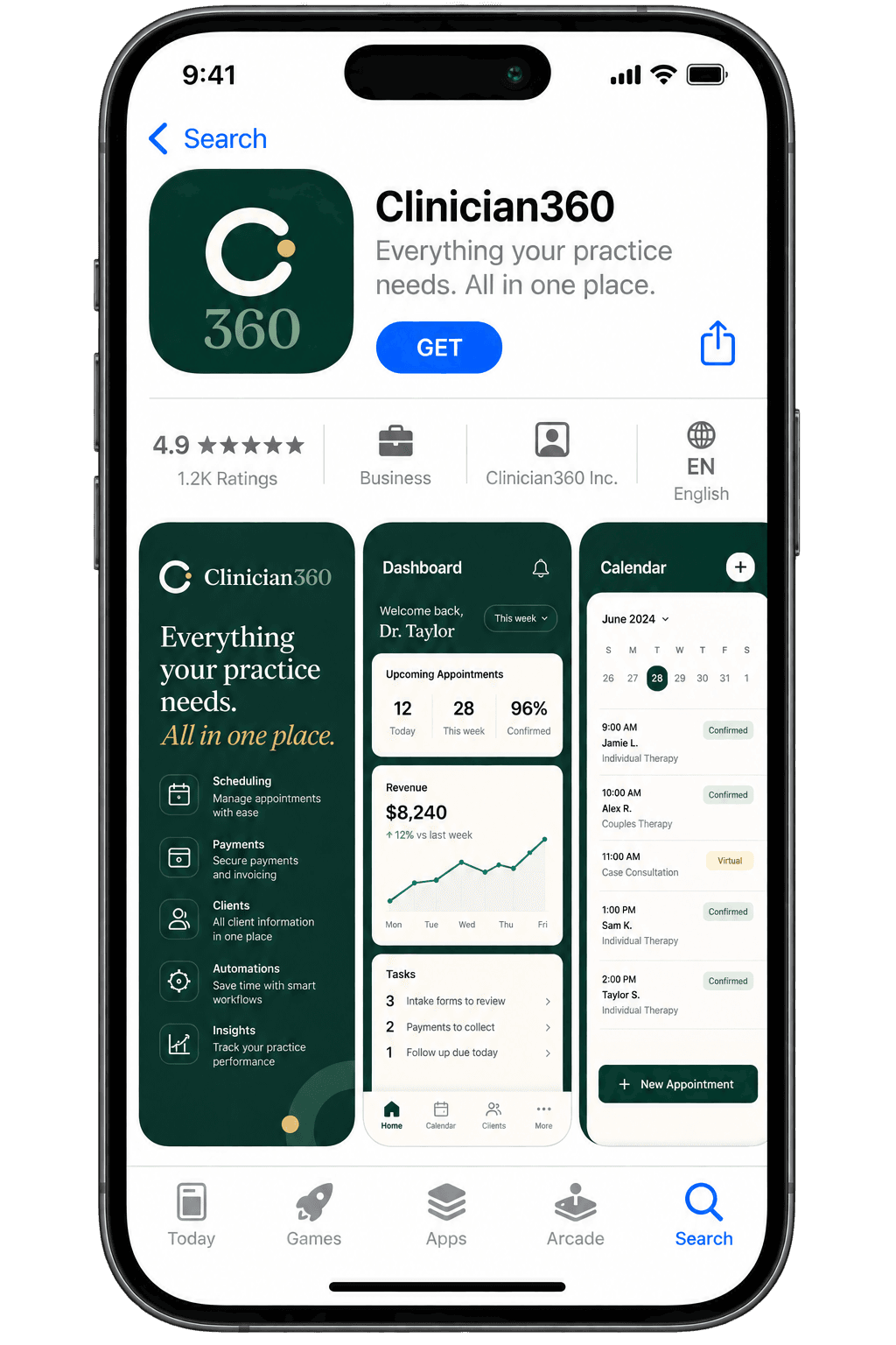 Clinician360 app store listing preview — coming soon